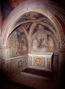 View of the upper church presbytery with the altar in the cosmatesque style by Italian School