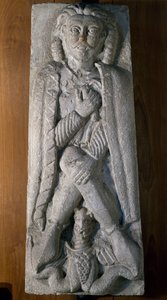 Warrior squatting with dragon, stone bas-relief by Italian School