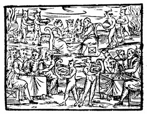 Witches and Sorcerers Feasting at the Sabbath, Illustration from Compendium Maleficarum by Francesco Maria Guazzo, 1608