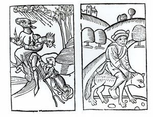 Witches disguised as animals riding a broomstick and male witch riding a wolf, copies of illustrations from Compendium Maleticarum by Fr M Guaccius, used in History of Magic