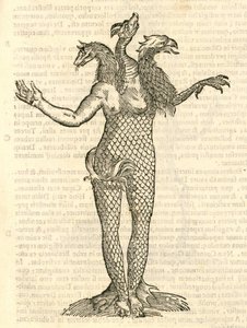 Illustration of Monstrum triceps capite Vulpis, Draconis, & Aquilae from Aldrovandi