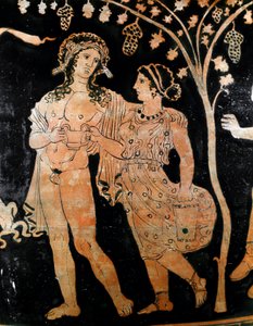 Detail of a vase from Ruvo in Puglia depicts a couple of young married couples. They hold in their hands a cup of wine. 4th century BC. Museo Archeologico Nazionale Naples by Italic
