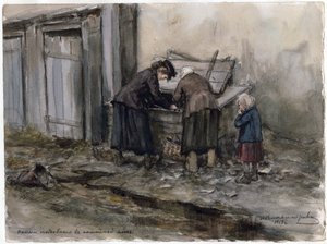 Two Women and a Child Searching Through Trash Bin (from the Series of Watercolors Russian Revolution)