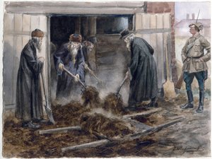 Russian Clergy Shoveling Hay: September 1918 (from the series of watercolors Russian Revolution) by Ivan Alexeyevich Vladimirov