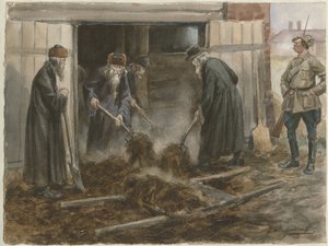Russian clergy shoveling hay: September 1918 from the series of watercolors Russian revolution
