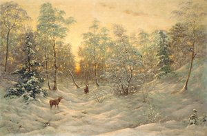 Deer in a Snowy Landscape at Dusk