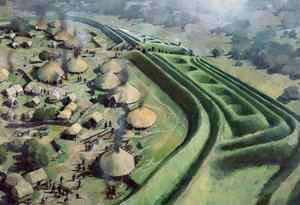 Aerial view of entrance to Old Oswestry Hill Fort during the Iron Age, c1970-2010