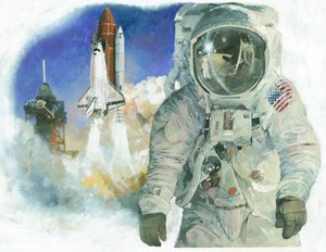 American Astronaut Buzz Aldrin in His Space Suit and Space Shuttle Discovery Launching from Kennedy Space Centre by Ivan Lapper