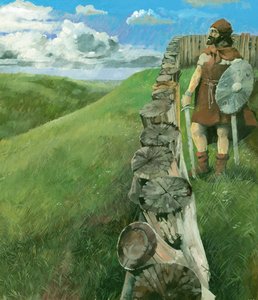 Reconstruction Drawing Depicting an Iron Age Man Standing Beside a Wooden Palisade Fence Atop Liddington Castle Hillfort, Swindon, UK by Ivan Lapper