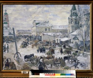A Church in Murom. Description of a street in the city, under the snow, with daily animation, horse-drawn carriages. by Ivan Semyonovich Kulikov