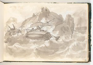Shipwreck at a Rocky Coast. Some Men Stand on a Rock and Watch
