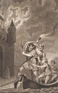 Illustration. A King with a Raised Dagger and Three People in a Boat by J.F. Clemens