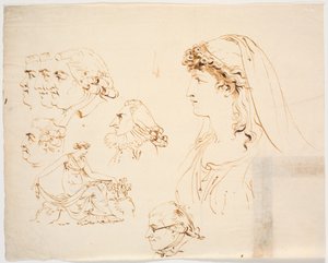 Six Male and One Female Profile Head and Woman in Classical Dress Picking Flowers