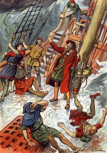 Vasco de Gama here during a storm at Cape of Good Hope in South Africa by J.L Beuzon (fl.1880 1940)