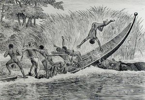 Enraged Hippopotamus Upsetting a Boat by J.M. Corner