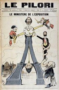 The Minister of Exhibition (cartoon on financial scandals at the end of the 19th century and the Eiffel Tower). Illustration by J. Blass (Albert Douat) (1847-1892). Cover of “Le Pilori” of March 3 by J.  Blass