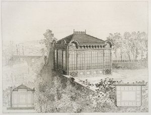 Plans and elevation of a garden pavilion