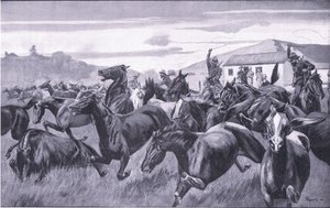 Boers Raiding the Remount Depot at Braamfontein, from After Pretoria: The Guerilla War by J. H. Thornely