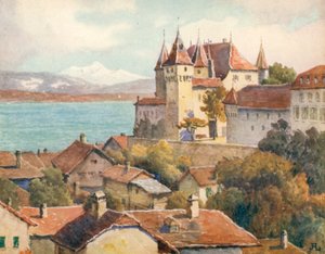 Nyon Castle, looking across the Lake to Mont Blanc, JHL by J. Hardwicke Lewis