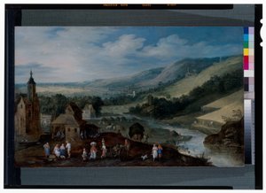 An Extensive River Landscape with Peasants Gathering the Harvest by J. & Momper J. de (1564 1635) Brueghel