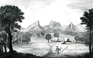 A view of the Commodore tent at the island of Juan Fernandes, c.1745