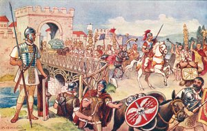 The Roman Empire - a column of soldiers advancing over a bridge by J. Williamson