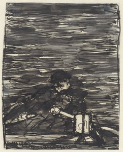 Rower in a Boat with Lantern at Night by Jac van Looij