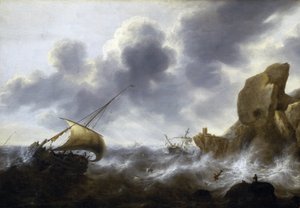 A fishing boat caught in a storm near a rocky coast, with a shipwreck