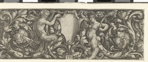 Frieze with a Shield Carried by a Male and Female Satyr by Jacob Binck (signed by artist)