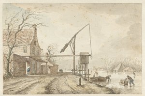Winter Landscape with Houses and a Lever along a Frozen Canal