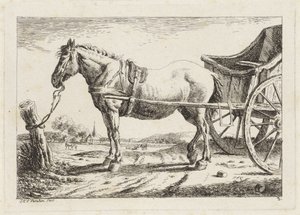 Standing Horse Harnessed to a Wagon (series: Six Prints after Drawings by Various Masters) by Jacob Elias van Varelen