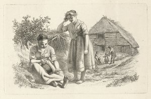 Two Women and a Man with Children in Front of a Barn (Study Prints / Etudes Gravées) by Jacob Ernst Marcus