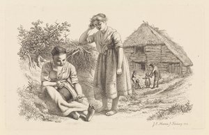 Two Women and a Man with Children in Front of a Barn (series title: Study Prints) by Jacob Ernst Marcus