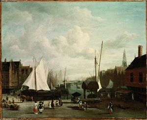 Harbour with Sailboats and Marketstalls by Jacob Isaaksz. or Isaacksz. van Ruisdael