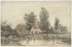 Farmhouse and a Washing Woman by Jacob Jan van der Maaten