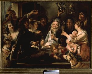 The Feast of the Bean King. Group of people with grotesque expressions, some dressed as jesters, drinking to the health of the king in the center who wears the crown.