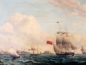 Ships Sailing through Oresund Strait between Sweden and Denmark with Kronborg Castle in Background by Jacob Petersen