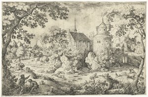 Deer Hunt near a Chapel (series title: Two Deer Hunt Scenes) by Jacob Savery (I)