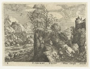 Landscape with Travelers on a Steep Rock (series title: Six Landscapes with Travelers) by Jacob Savery (I)