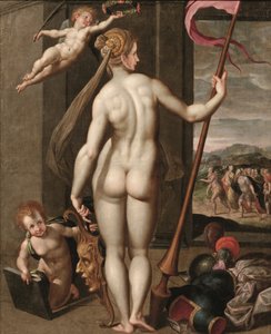 Minerva holding a lance while being crowned with laurels by a putto