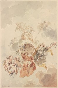 Genii and Cupids Grouped Around a Basket of Flowers Ascending Towards Heaven