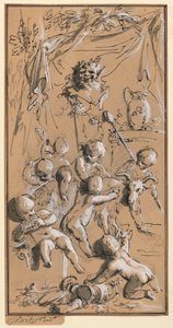 Putti playing before a herm by Jacob de Wit