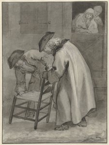Two Men with Hats Looking at a Wicker Chair