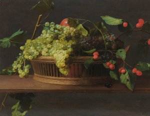 A basket of grapes and raspberries on a ledge by Jacob Van Es