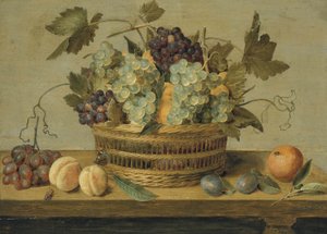 Nectarines and Grapes in a Basket on a Table, with Plums, Oranges, a Butterfly and a Beetle by Jacob van Hulsdonck