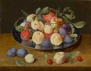 Still Life of Plums and Peaches on a Pewter Plate, with Plums, a Peach and Cherries, All on a Table by Jacob van Hulsdonck