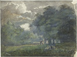 Shepherds with Flock in a Wooded Landscape