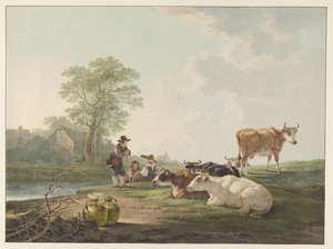 Peasants with Resting Cattle in a Dutch Landscape by Jacob van Strij