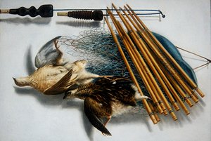A Still Life with two Quail and Hunting Paraphernalia by Jacobus Biltius