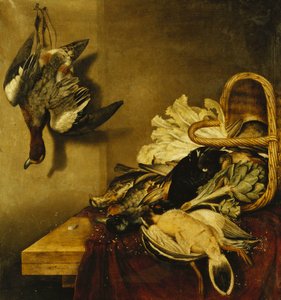 An Overturned Basket of Fowl, a Hare, an Artichoke and Lettuce on a Ledge Draped with a Red Cloth